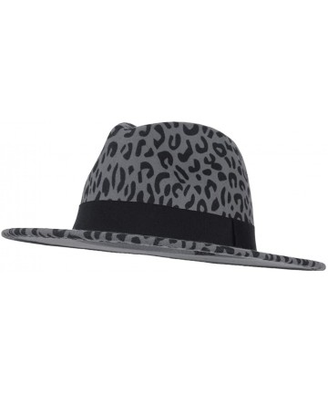 Fedoras Women's Vintage Leopard Print Fedora Wool Hat Wide Brim Panama Trilby Wool Felt Hat with Band - Blue-grey - CR18X0D44...