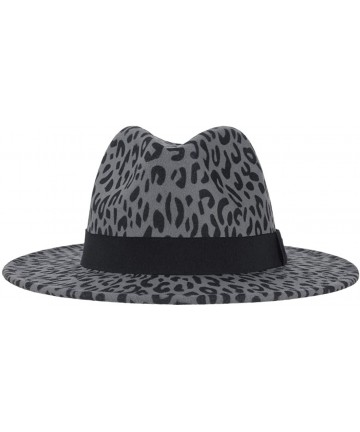 Fedoras Women's Vintage Leopard Print Fedora Wool Hat Wide Brim Panama Trilby Wool Felt Hat with Band - Blue-grey - CR18X0D44...