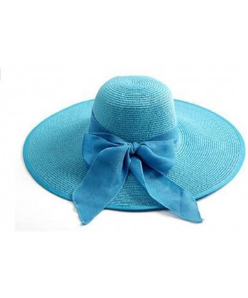 Sun Hats Women Crushable Two Tone Bow Casual Sun Straw Hat - Sky Blue - CP12FBZ3A6Z $40.49