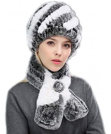 Skullies & Beanies Women's Real Rex Rabbit Fur Hat and Real Rabbit Fur Scarf 1 Set Winter Warm Fashion - White + Gray - CQ18U...