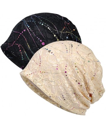 Skullies & Beanies Women Cotton Beanie Lace Soft Sleep Cap Slouchy Chemo Hats - Black and Skin - CS18DWE73N3 $17.97