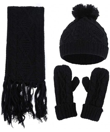 Skullies & Beanies Women Lady Winter 3PC Cable Knit Beanie Hat Gloves and Scarf Set - Black - CE18IM6Q6N7 $41.45