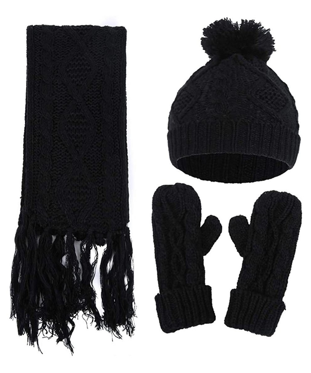 Skullies & Beanies Women Lady Winter 3PC Cable Knit Beanie Hat Gloves and Scarf Set - Black - CE18IM6Q6N7 $27.10