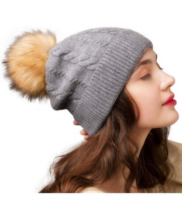 Skullies & Beanies Beanie Hats for Women Slouchy Style Winter Hat with Faux Fur Pom Pom Hats - Dark Grey - CV18IX4324K $20.11