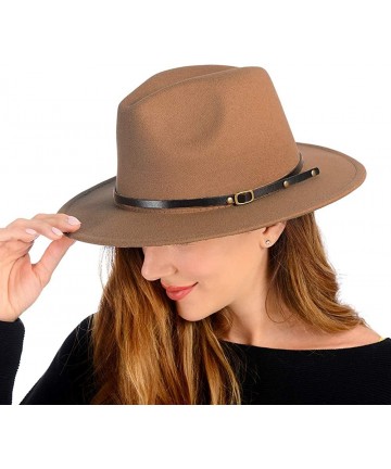 Fedoras Belt Buckle Fedoras Women Hat Wide Brim Trilby Jazz Hats Classic Mens Manhattan Hats - Dark-camel - CV18ATS87OX $20.26