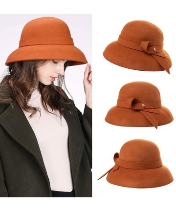 Bucket Hats Women Winter Wool Bucket Hat 1920s Vintage Cloche Bowler Hat with Bow/Flower Accent - Orange00366 - CR18AQNR2SM $...