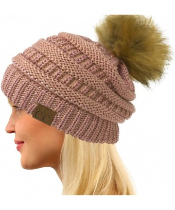 Skullies & Beanies Fur Pom Winter Fall Trendy Chunky Stretchy Cable Knit Beanie Hat - Metallic Rose - CM18YAIU848 $20.82