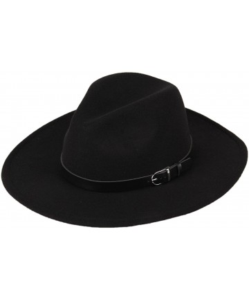 Fedoras Women's Wide Brim Wool Fedora Panama Hat with Belt - Black - CI128RSHWC7 $18.03