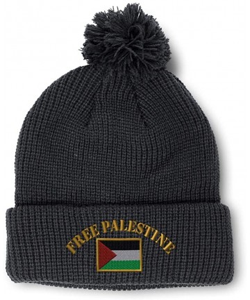 Skullies & Beanies Winter Pom Pom Beanie for Men & Women Free Palestine Flag Embroidery 1 Size - Black - CS18ZH6OR64 $17.62