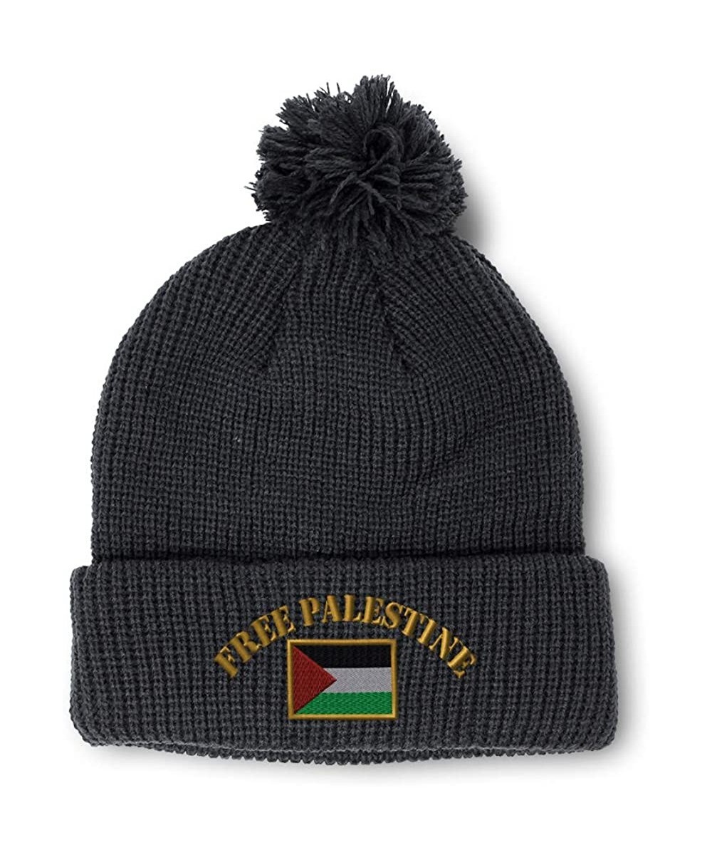 Skullies & Beanies Winter Pom Pom Beanie for Men & Women Free Palestine Flag Embroidery 1 Size - Black - CS18ZH6OR64 $17.62