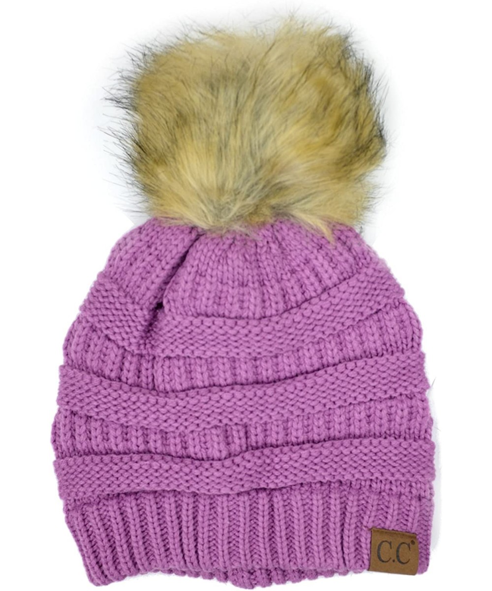 Skullies & Beanies Soft Stretch Cable Knit Ribbed Faux Fur Pom Pom Beanie Hat - New Lavender - CM12ODFBBIJ $20.90