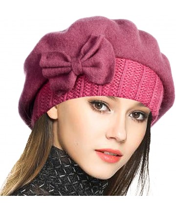Berets Women's 100% Wool Bucket Hat Felt Cloche Beret Dress Winter Beanie Hats - Beret-pink - CE18X760SDC $17.98