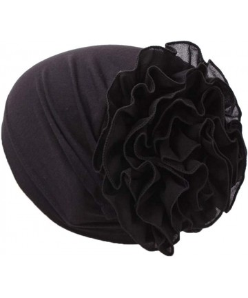 Skullies & Beanies Women Flower Muslim Ruffle Cancer Chemo Hat Beanie Turban Head Wrap Cap - Black - CG187A6XEM0 $13.94