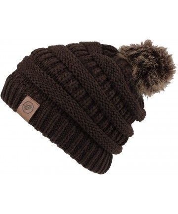 Skullies & Beanies Cable Knit Ribbed Pom Beanie Winter Hat Slouchy Cap HZP0030 - Brown - C218L846922 $26.58