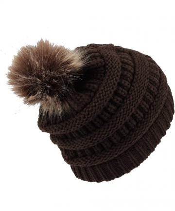 Skullies & Beanies Cable Knit Ribbed Pom Beanie Winter Hat Slouchy Cap HZP0030 - Brown - C218L846922 $17.72