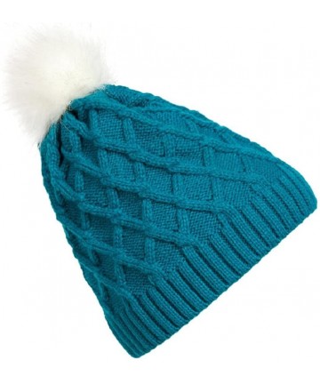 Skullies & Beanies Women Crochet Hat Faux Fur Pom Pom Woolen Knit Beanie Raccoon Warm Caps - Blue - C812O3JLU6G $12.04