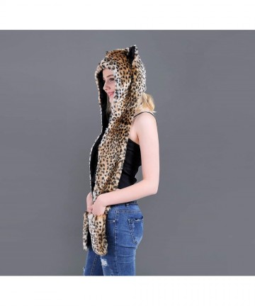 Bomber Hats Animal Hood Faux Fur Hat with Scarfs Mittens Ears and Paws 3 in 1 Soft Warm Winter Headwear - Small Leopard - C71...
