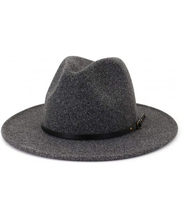 Fedoras Womens Classic Wool Fedora with Belt Buckle Wide Brim Panama Hat - B-dark Grey - C118YMKNY4N $30.67