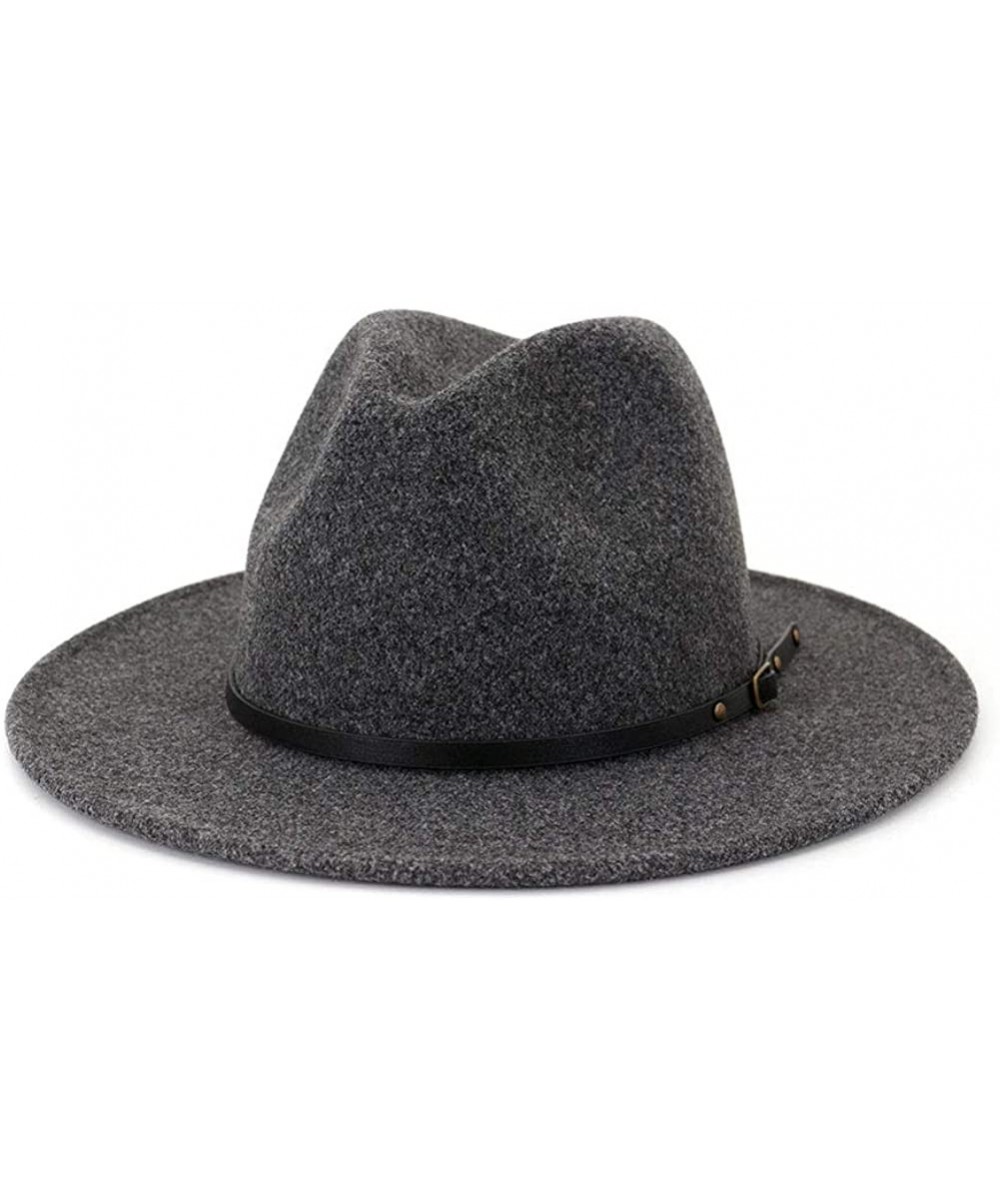 Fedoras Womens Classic Wool Fedora with Belt Buckle Wide Brim Panama Hat - B-dark Grey - C118YMKNY4N $24.21