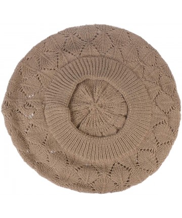 Berets Chic Soft Knit Airy Cutout Lightweight Slouchy Crochet Beret Beanie Hat - Dk.beige Leafy - CQ18L3SU33D $14.84