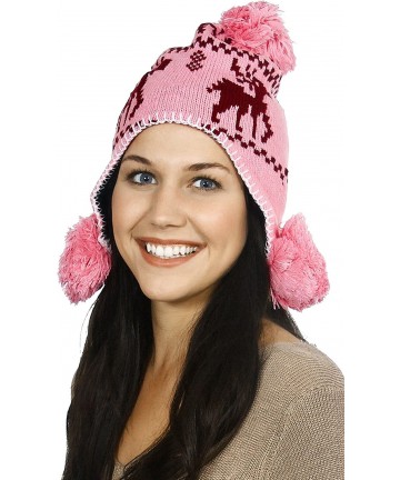 Skullies & Beanies Women's Knit Winter Beanie w/Earflap and Pom Balls - 2pcs_pink Deer - CV18MG7SWWD $24.84