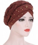 Skullies & Beanies Double Braid Turban Cotton Chemo Cancer Cap Muslim Hat Stretch Hat Head Wrap Cap for Women - Coffee - CT18...