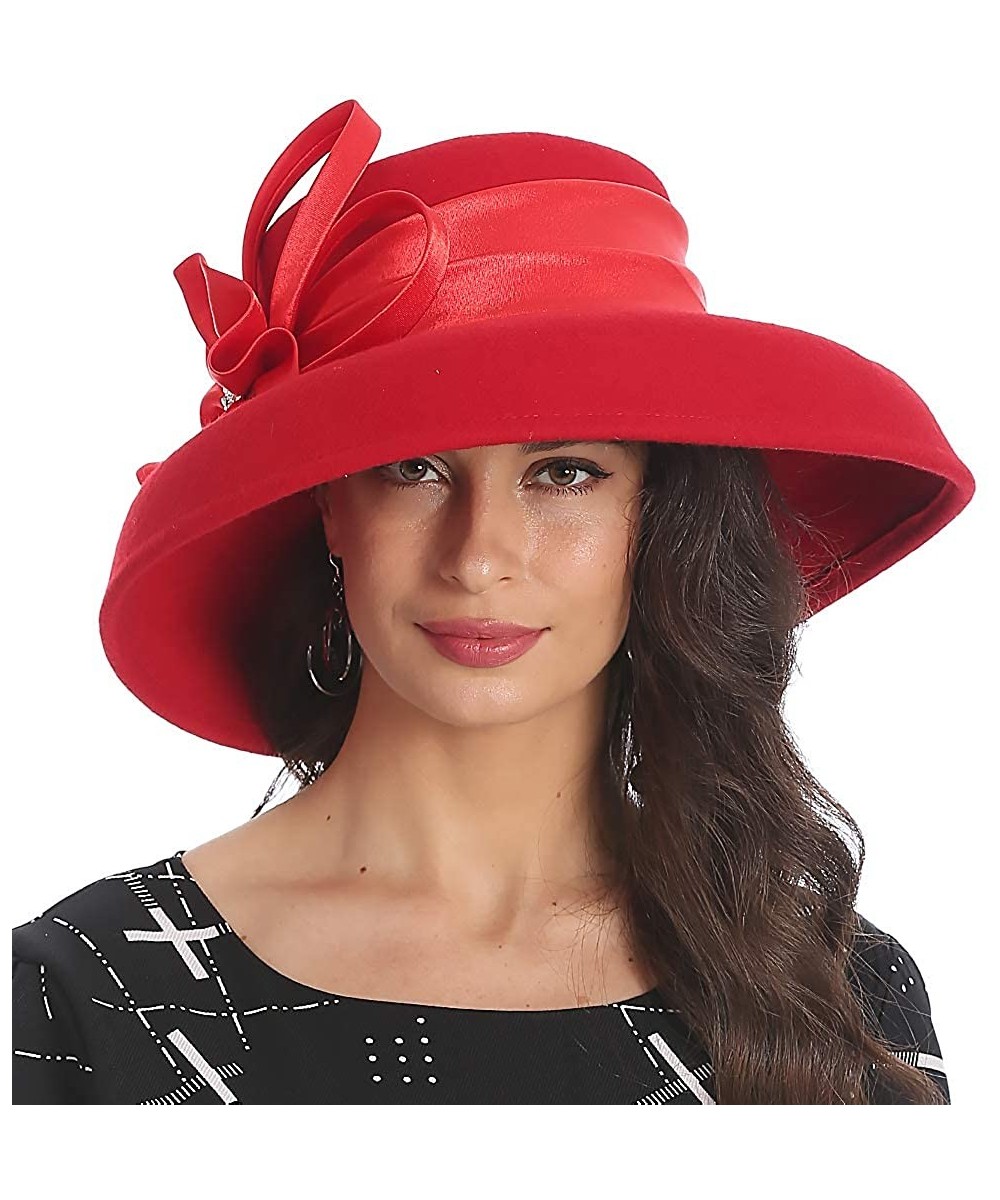 Bucket Hats Elegant Women Wool Felt Floral Trimmed Cloche Bucket Winter Church Hats - Red - CM18KR67N5K $45.51