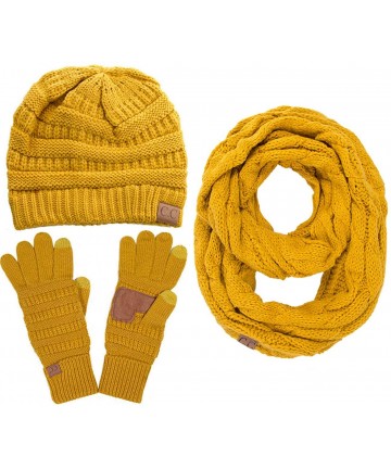 Skullies & Beanies 3pc Set Trendy Warm Chunky Soft Stretch Cable Knit Beanie- Scarves and Gloves Set - Mustard - CL18H6IXQTE ...