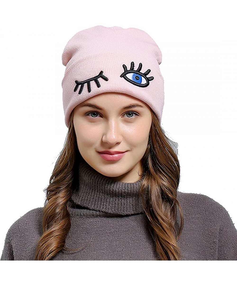 Skullies & Beanies Eyelash Wink Beanie Wool Cap Knitting Hat - Pink - C0188H40NQ4 $16.39