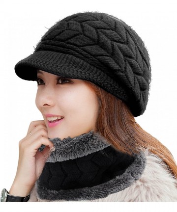 Newsboy Caps Women Winter Warm Knit Hat Wool Snow Ski Caps with Visor - _Hat + Scarf (Black) - CS189ISQ58O $20.83