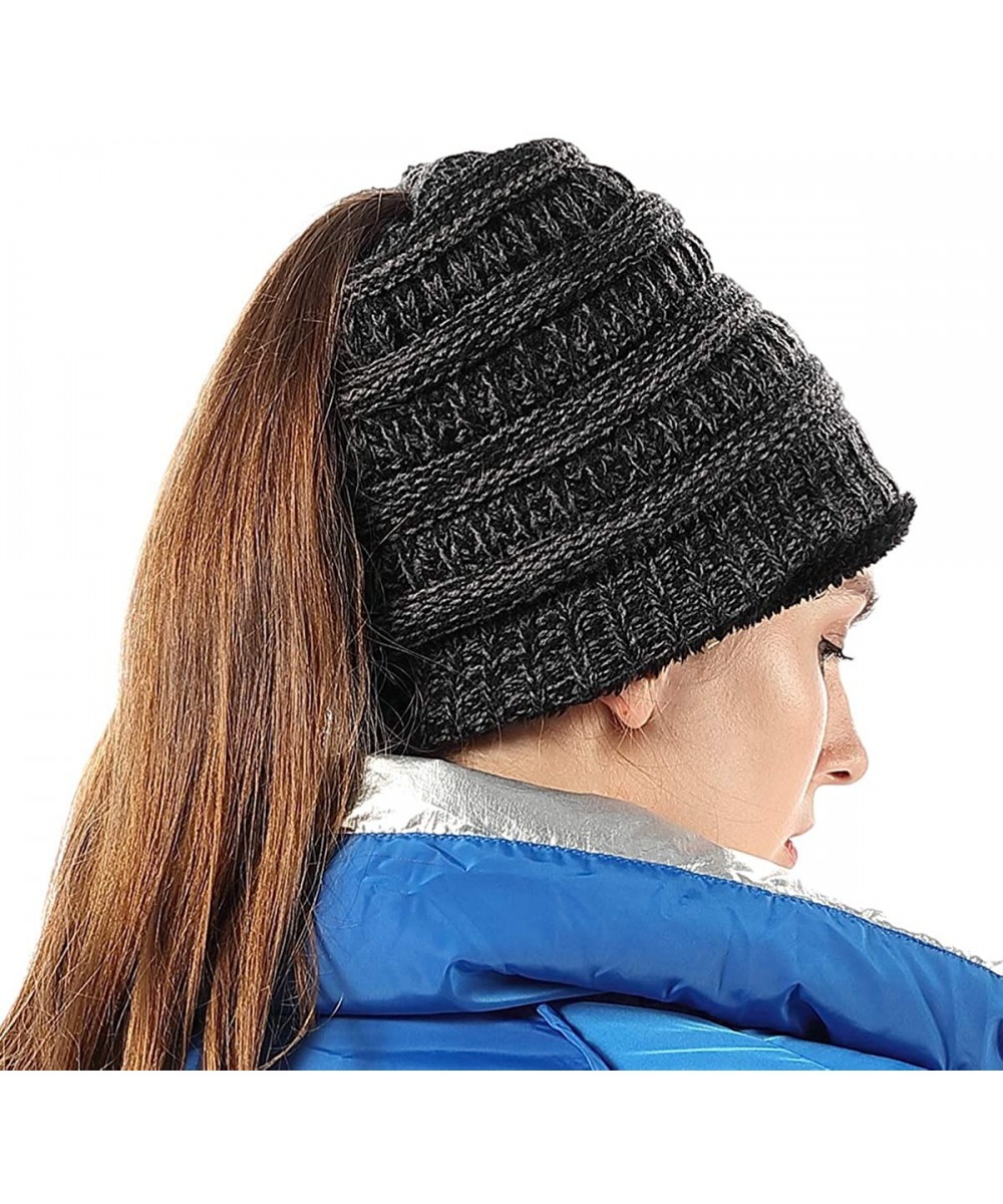 Skullies & Beanies Womens Ponytail Beanie Hats Warm Fuzzy Lined Soft Stretch Cable Knit Messy High Bun Cap - Black Mix - CK18...