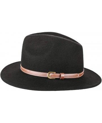 Fedoras Womens Belt Buckle Fedora Hat Wide Brim Wool Felt Trilby Panama Hat - 055 Black - CM18I3U95R5 $13.17