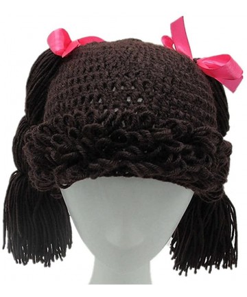 Skullies & Beanies Knitted Pigtail Wig Beanie Handmade Women Girl's Braid Hat Bowknot Cap - Coffee - C4188E3E0NO $19.20