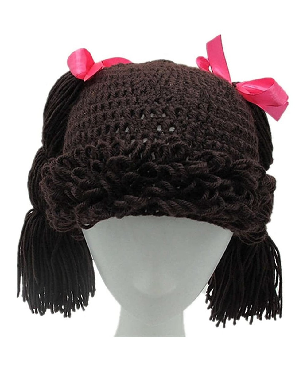 Skullies & Beanies Knitted Pigtail Wig Beanie Handmade Women Girl's Braid Hat Bowknot Cap - Coffee - C4188E3E0NO $19.20