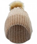 Skullies & Beanies Womens Beanie Hat-Thick Chunky Cable Winter Velvet Knit Cap with Faux Fur Pom - Khaki - C518K5ING9G $20.97