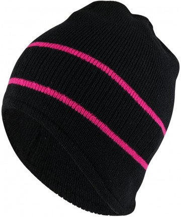 Skullies & Beanies Double Striped Acrylic Knit Warm Winter Beanie Cap - Black Hot Pink - CC18639SC06 $22.20