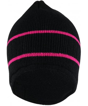 Skullies & Beanies Double Striped Acrylic Knit Warm Winter Beanie Cap - Black Hot Pink - CC18639SC06 $22.20