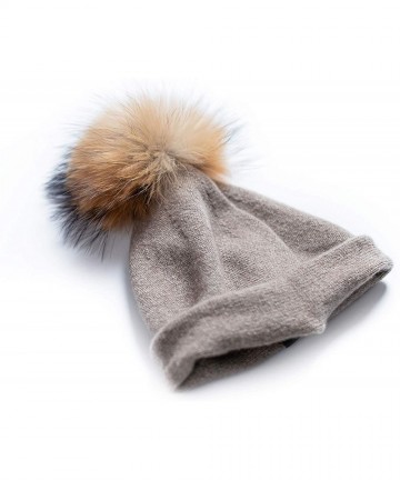 Skullies & Beanies Women's Winter 100% Pure Cashmere Beanie hat with Detachable Real Fur Pompom - Acorn Brown - CH1939LXQAY $...