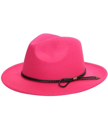 Fedoras Women Belt Buckle Fedora Hat-Classic Wide Brim Floppy Panama Hat Crushable Wool Felt Outback Hat - Hot Pink - CY18WL5...
