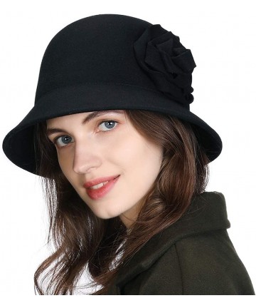 Fedoras 2019 New Wool Felt Cloche Fedora Hat Ladies Church Derby Party Fashion Winter - 00790_black - CQ18Z6WDE7H $48.86