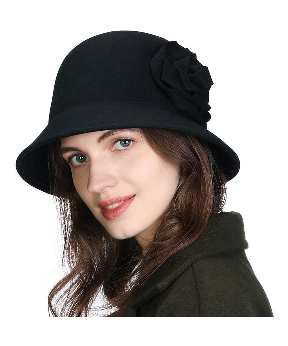 Fedoras 2019 New Wool Felt Cloche Fedora Hat Ladies Church Derby Party Fashion Winter - 00790_black - CQ18Z6WDE7H $48.86