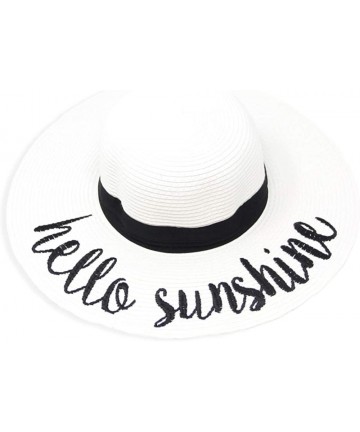 Sun Hats Women Spring Summer Beach Paper Embroidered Lettering Floppy Hats - Hello Sunshine - White - CG18QGZGYZZ $25.72