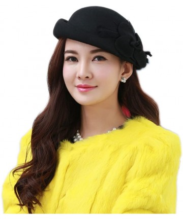 Berets Womens 100% Wool Veil Flower Pillbox Hat Winter Hat Crimping Beanie Hat - B-black - C618GTG84L8 $41.42