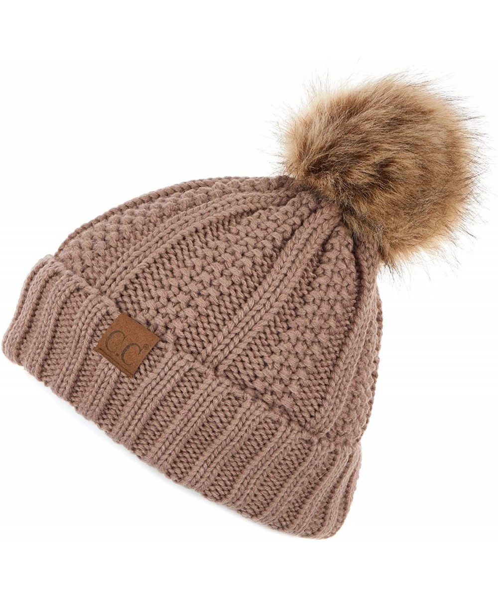 Skullies & Beanies Exclusives Fuzzy Lined Knit Fur Pom Beanie Hat (YJ-820) - Taupe - CP18I6NXAGY $25.00
