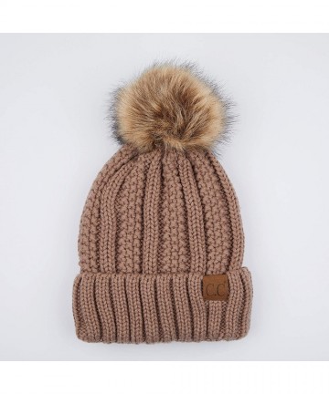 Skullies & Beanies Exclusives Fuzzy Lined Knit Fur Pom Beanie Hat (YJ-820) - Taupe - CP18I6NXAGY $25.00