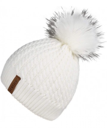 Skullies & Beanies Winter Beanie for Women Warm Knit Bobble Skull Cap Big Fur Pom Pom Hats for Women - 03 White With White Po...
