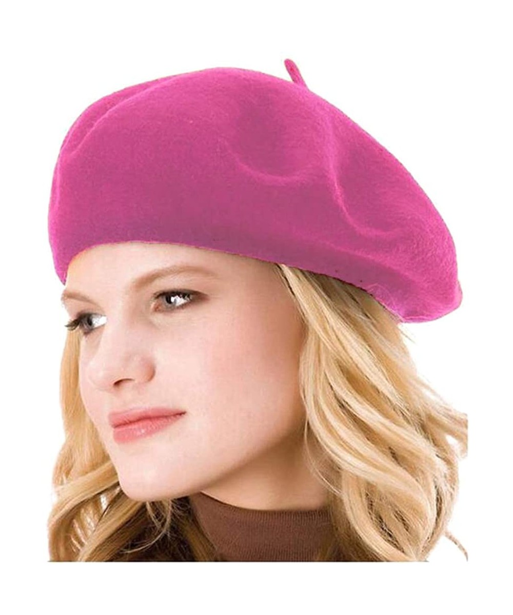 Berets Womens Solid Color Beret 100% Wool French Beanie Cap Hat - Pink - CO18O6ILSSK $12.97