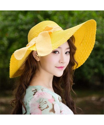 Sun Hats Women Colorful Big Brim Straw Bow Hat Sun Floppy Wide Brim Hats Beach Cap - Yellow - CE18QGIOKCX $18.03
