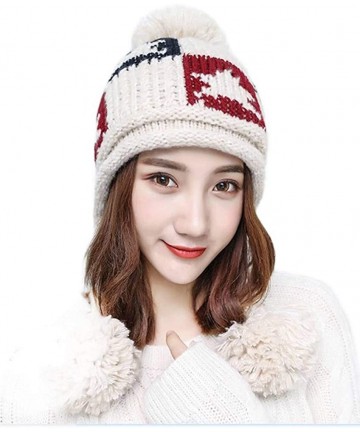 Skullies & Beanies Women Winter Thick Beanie Hat Warm Cable Knitted Ski Earflaps Pom Pom Caps - Beige - CP18K6YGON5 $29.60