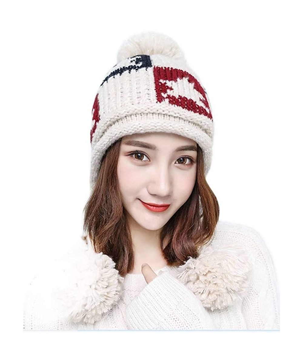 Skullies & Beanies Women Winter Thick Beanie Hat Warm Cable Knitted Ski Earflaps Pom Pom Caps - Beige - CP18K6YGON5 $18.90